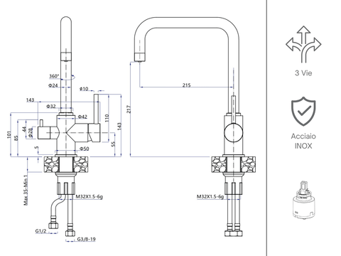 Sistema Completo Microfiltrazione con Rubinetto Canna Squadra - PVD Metal - Sistema Filtrazione Acqua - AcquaX