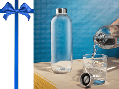 Bottiglia in vetro con tappo a vite in Acciaio Inox AcquaX, in Omaggio con ogni Sistema Completo per ridurre l’uso della plastica.