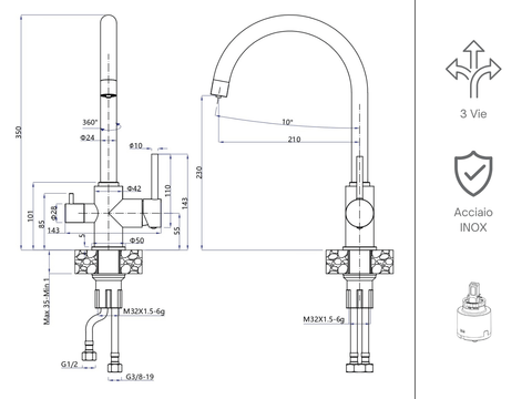Sistema Completo Microfiltrazione con Rubinetto Canna Ponte - PVD Metal - Sistema Filtrazione Acqua - AcquaX