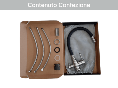 Rubinetto 3 Vie in Acciaio Inox ESSENTIAL Canna Modellabile - Satinato - Sistema Filtrazione Acqua - AcquaX